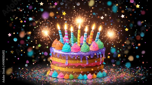 Festive cartoon cake design with dynamic icing, brilliant candles, and sparkling stars glowing amid a colorful confetti burst setting