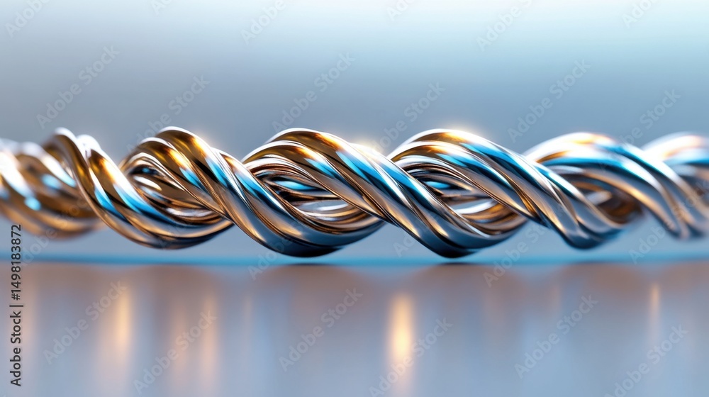 A close-up view of intricately twisted metallic wire creates a unique sculpture. The interplay of light enhances its shiny surface, showcasing artistry in metalwork A close-up view of intricately twisted metallic wire creates a unique sculpture. The interplay of light enhances its shiny surface, showcasing artistry in metalwork
