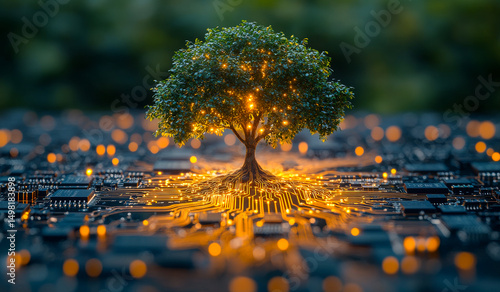 Tree on circuit board lights. A tree emerges from a circuit board, surrounded by glowing lines, symbolizing the fusion of nature and technology.