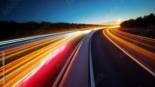 Dynamic Long Exposure of Light Trails on Highway at Dusk Vibrant Evening Scene Showcasing Speed, Motion, and Transportation with Stunning Colors.