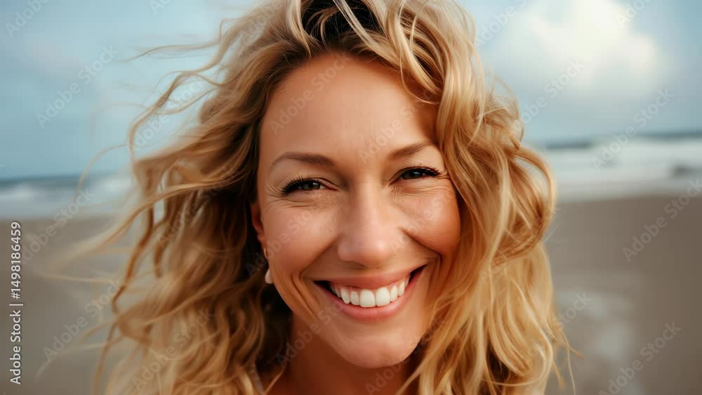 Smiling mature woman at ocean beach, happy free relaxed, feeling well, enjoying ocean air Smiling mature woman at ocean beach, happy free relaxed, feeling well, enjoying ocean air