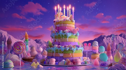 Tall fantasy cake with playful decor, neon-lit candles, and sparklers shining over a surreal candy-hued celebratory backdrop