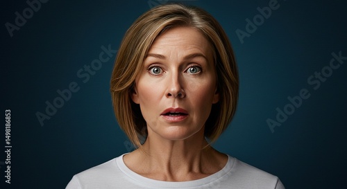 Surprised Expression: A close-up portrait of a woman's face displaying a stunned and shocked expression, her eyes wide with surprise against a dark background.
