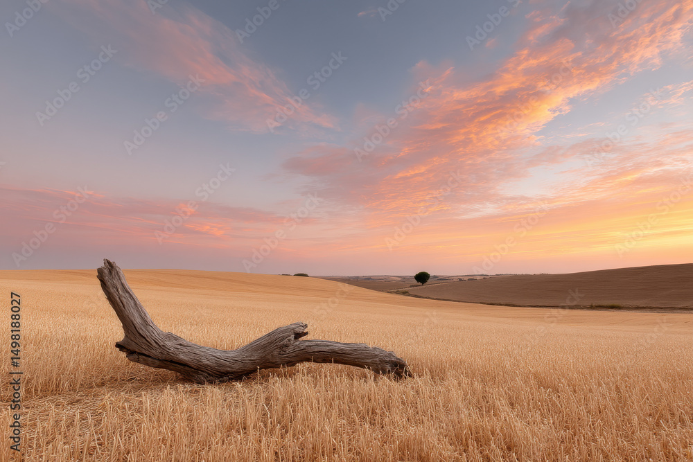Fototapeta premium serene summer sunset over vast field with single fallen tree in foreground