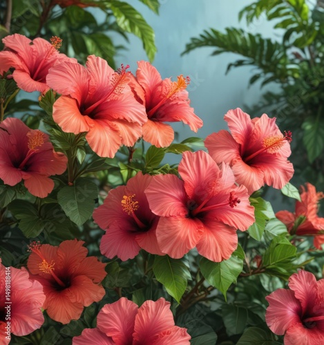 Vibrant hibiscus blooms burst forth in a vibrant tropical garden , colorful, pink, exotic plants
