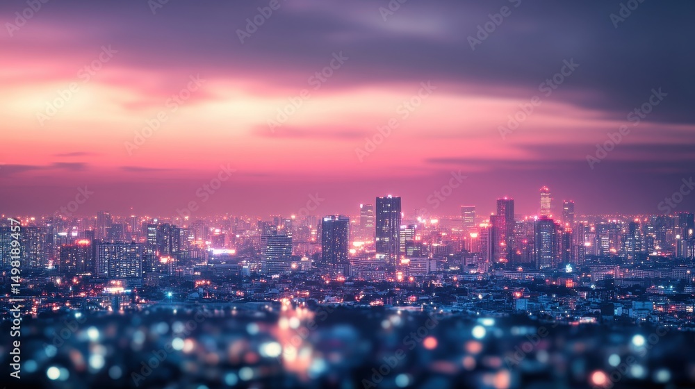 Obraz premium Stunning Cityscape at Dusk with Vibrant Sky and Glowing Lights