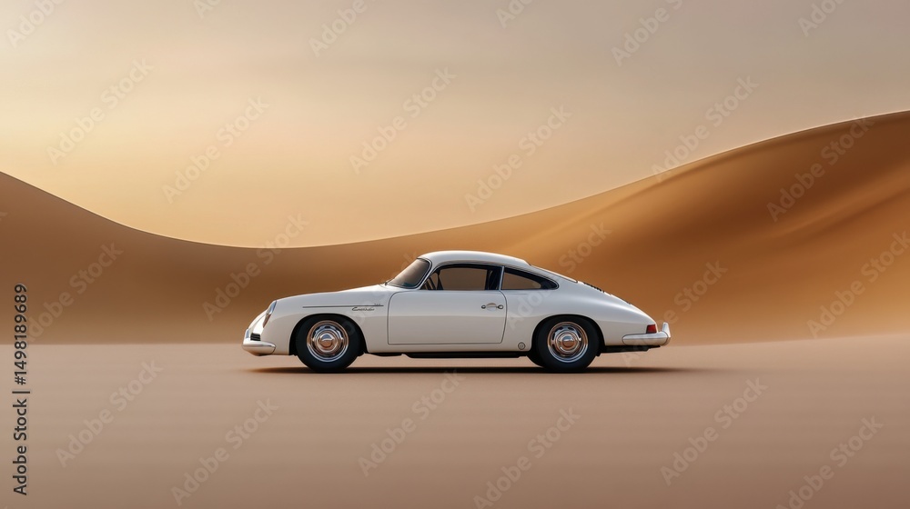 Fototapeta premium A vintage sports car is parked on golden sand dunes under a stunning sunset. The warm light enhances the curves of the car and the vast desert landscape, creating a serene atmosphere