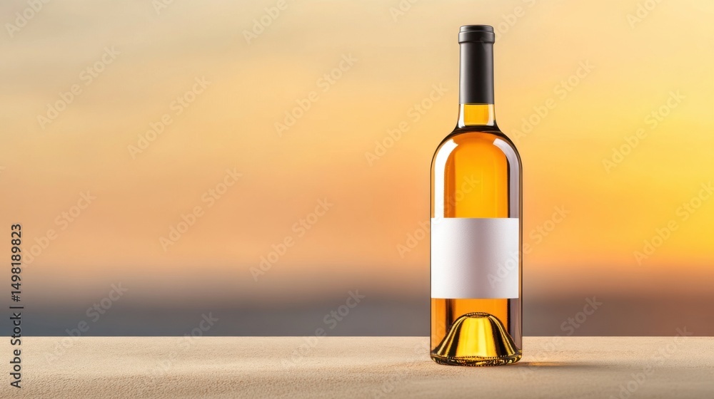 A bottle of orange wine is placed on a table against a stunning sunset. The warm colors of the sky create a peaceful atmosphere, perfect for relaxation A bottle of orange wine is placed on a table against a stunning sunset. The warm colors of the sky create a peaceful atmosphere, perfect for relaxation
