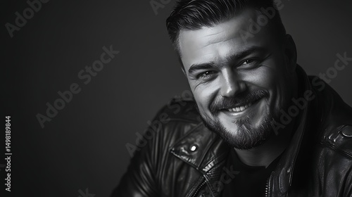 A grayscale portrait of a smiling man.