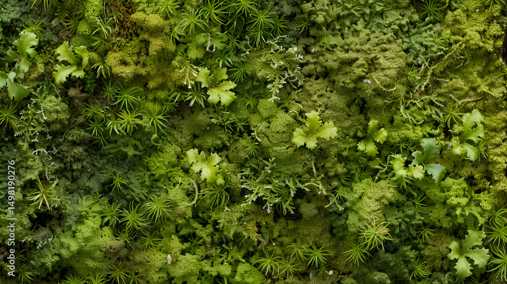 Fototapeta premium A dense and textured surface of various green mosses and lichens covering a natural substrate entirely