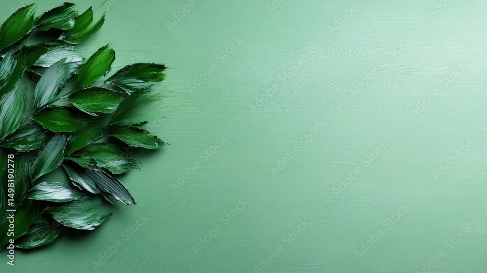 Vibrant green leaves are thoughtfully placed on a light green background, creating a harmonious and calming visual effect. The arrangement highlights the beauty of nature in design Vibrant green leaves are thoughtfully placed on a light green background, creating a harmonious and calming visual effect. The arrangement highlights the beauty of nature in design