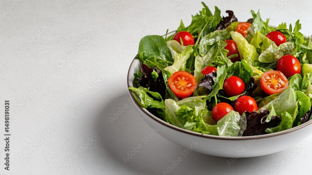 A vibrant mix of crisp greens and bright cherry tomatoes is artfully arranged in a white bowl. This dish is perfect for a healthy meal or light snack A vibrant mix of crisp greens and bright cherry tomatoes is artfully arranged in a white bowl. This dish is perfect for a healthy meal or light snack