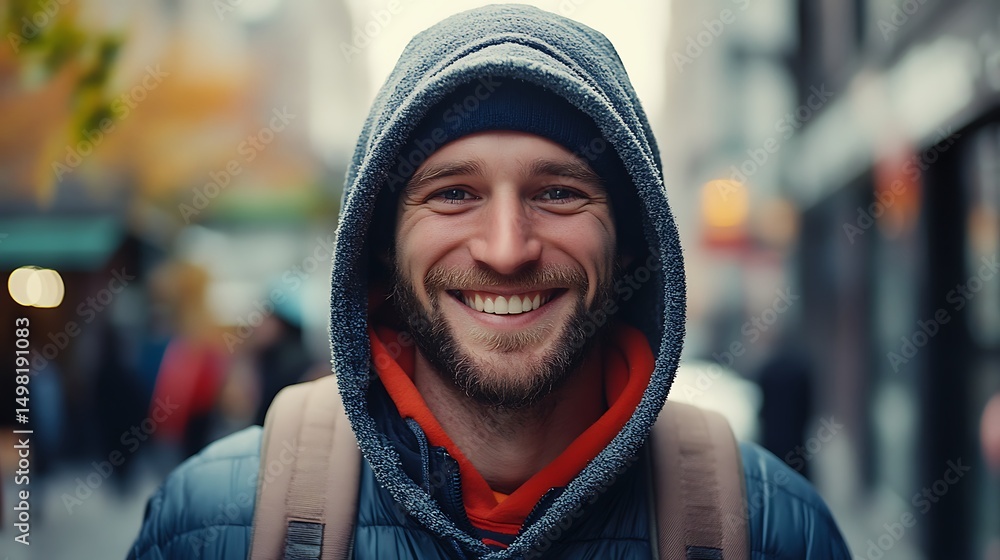 A man with a happy expression wearing a hooded jacket. A man with a happy expression wearing a hooded jacket.