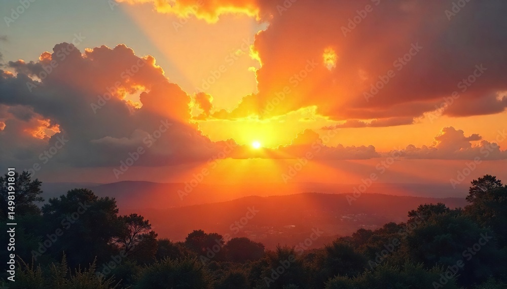 Fototapeta premium Golden hour sunrise rays bursting through clouds, illuminating the landscape with a warm, vibrant glow Perfect for nature, travel, and inspirational projects , radiant, atmosphere