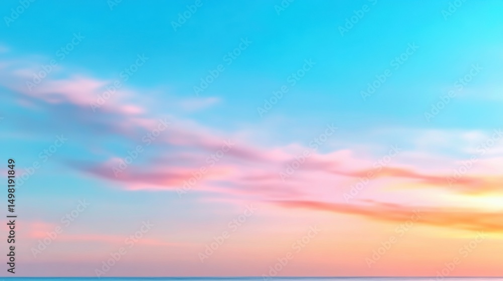 Fototapeta premium A vibrant sunset fills the sky with shades of pink, orange, and blue, reflecting on the serene waters of the sea. Gentle clouds float above, creating a peaceful atmosphere