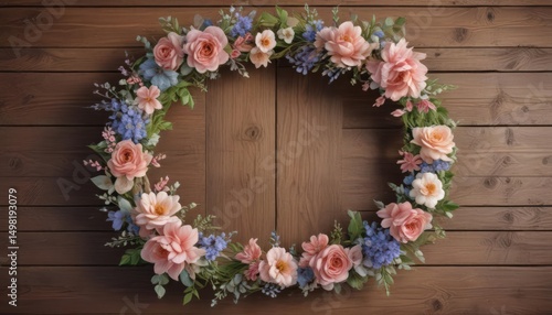Delicate watercolor floral wreath, rustic wooden backdrop , blossom, spring