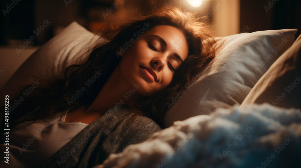 A woman sleeping peacefully in bed with a soft blanket and pillow in a dimly lit bedroom space A woman sleeping peacefully in bed with a soft blanket and pillow in a dimly lit bedroom space