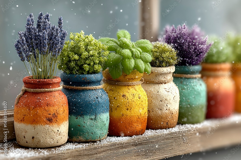 Fototapeta premium Colorful Pots with Herbs and Flowers on a Snowy Shelf Winter Decor Home Interior Design Seas