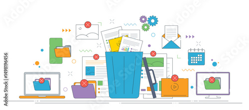 Data delete concept with folders documents and trash bin icon