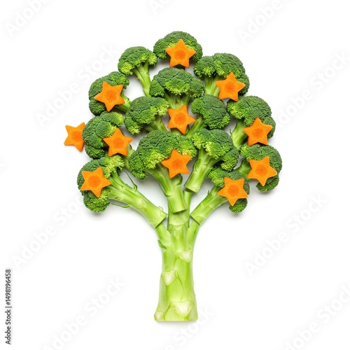  Tree shape made of broccoli florets and carrot stars isolated on white background