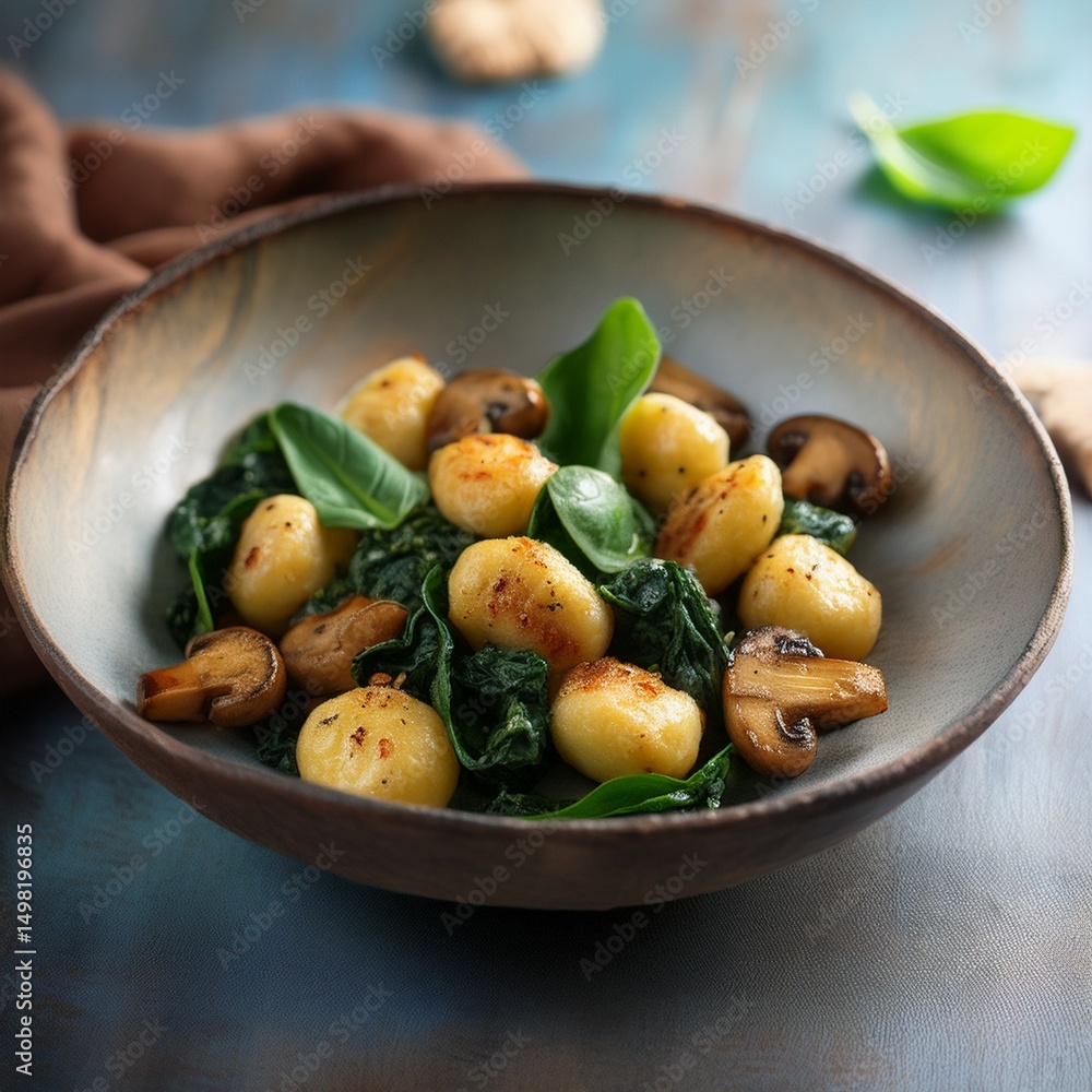 Bowl mit gebackenen Gnocchi, Spinat und Pilzen Bowl mit gebackenen Gnocchi, Spinat und Pilzen