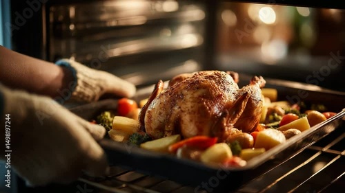 Golden roasted whole chicken surrounded by colorful vegetables being placed into oven by gloved hands In home kitchen with warm lighting. Concept of homemade comfort food and festive family meals