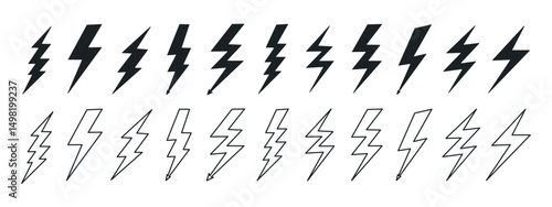 Lightning bolt icon set. Outline symbol of thunder lightning flash symbol of electrical energy. Vector design element for website, poster, banner, social networks