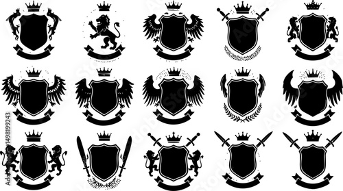 Heraldic Animals, shields logos, retro ribbons, luxury logo symbols, crown and swords icons. Heraldic Crest Logos elements set. Vector illustration
