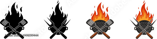set of Grill fire emblem with crossed spatula and fork behind flame, perfect for barbecue logos, cookout designs, food truck branding or BBQ event.
