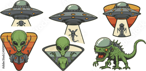 Vintage Aliens emblems. Emblems set for t-shirt print, apparel, sticker design. Retro style UFO logo. Vector Illustration.
