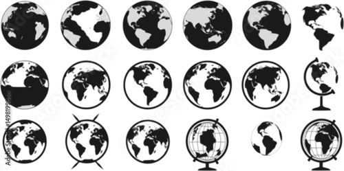 World globe maps set. Europe, Asia, America, Oceania globe maps. Earth globe icons isolated on blue background. Vector illustration.
