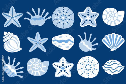 Seamless vector pattern featuring hand-drawn starfish, seashells, and ocean elements on a navy blue background. Perfect for summer-themed designs, textiles, wrapping paper, and digital projects.