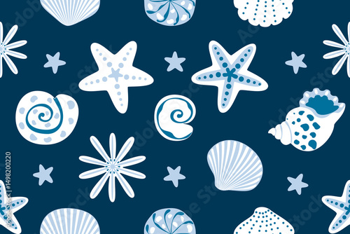 Seamless vector pattern featuring hand-drawn starfish, seashells, and ocean elements on a navy blue background. Perfect for summer-themed designs, textiles, wrapping paper, and digital projects.