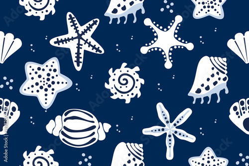 Seamless vector pattern featuring hand-drawn starfish, seashells, and ocean elements on a navy blue background. Perfect for summer-themed designs, textiles, wrapping paper, and digital projects.