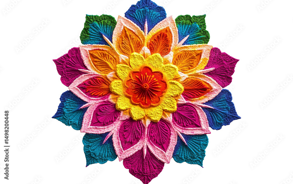 Fototapeta premium Colorful intricate rangoli pattern made from powdered colors celebrating the joyous spirit of Diwali festival Isolated on Transparent Background PNG