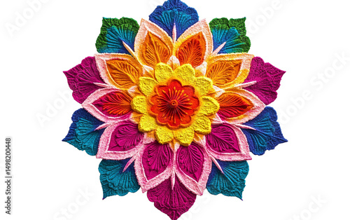 Colorful intricate rangoli pattern made from powdered colors celebrating the joyous spirit of Diwali festival Isolated on Transparent Background PNG