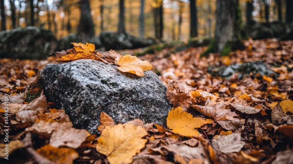Obraz premium Autumn Leaves on Stone in Dense Forest with Beautiful Fall Colors