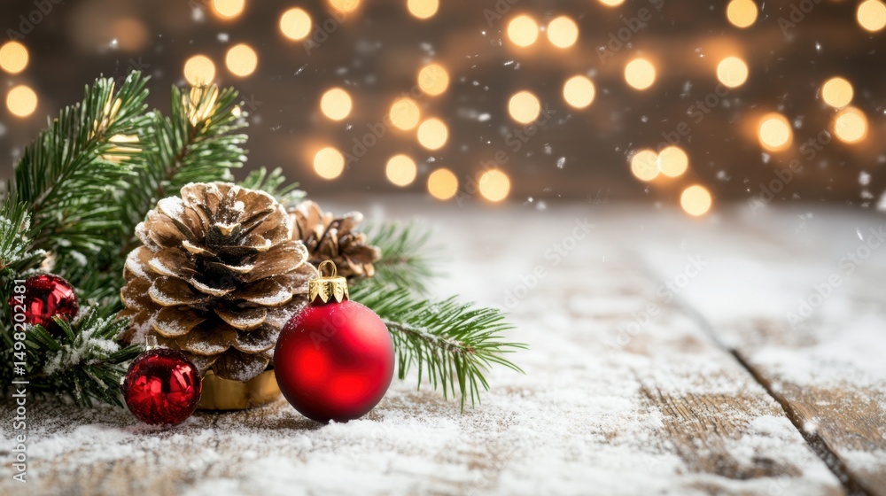 Festive Christmas Decoration with Pinecone and Red Baubles on Wood Festive Christmas Decoration with Pinecone and Red Baubles on Wood