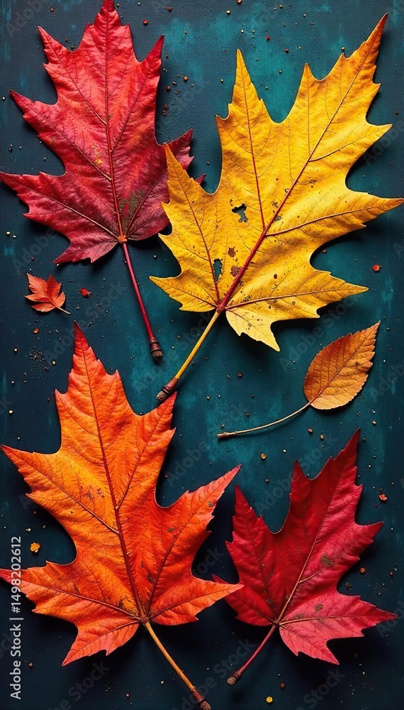 Fototapeta premium Vibrant autumn leaves used as natural paintbrushes, creating unique textures and colors on a canvas A beautiful display of nature's artistry , rustic, earth tones, seasonal