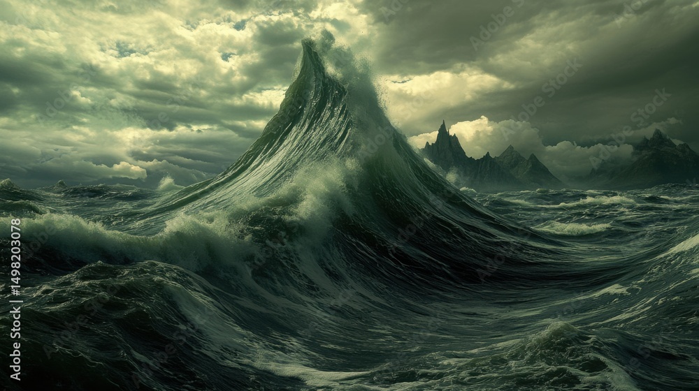 Fototapeta premium Majestic Dark Ocean Wave under Dramatic Cloudy Sky Environment