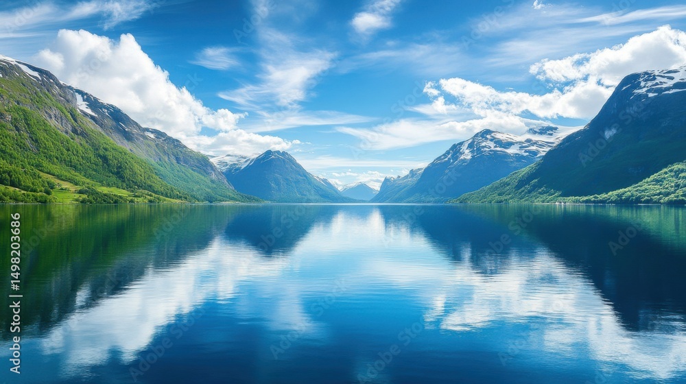 Serene Mountain Lake Reflected in Calm Waters Under Blue Sky Serene Mountain Lake Reflected in Calm Waters Under Blue Sky