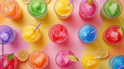 Summer concept - colorful slush drinks, vacation vibe, top view