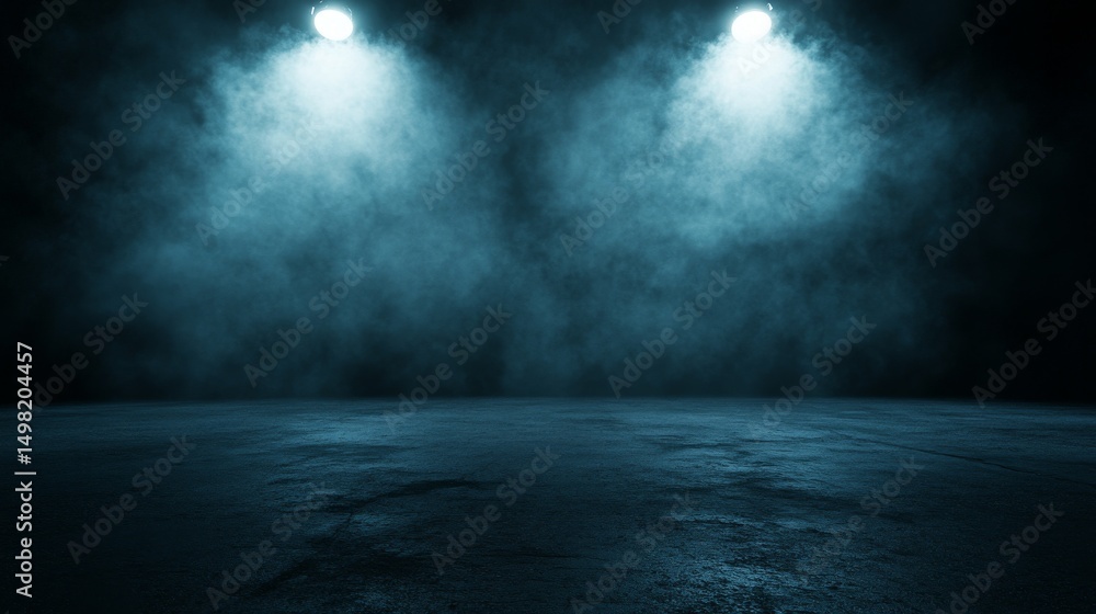 Empty urban street at night with neon blue lighting and rising smoke on textured concrete floor Empty urban street at night with neon blue lighting and rising smoke on textured concrete floor
