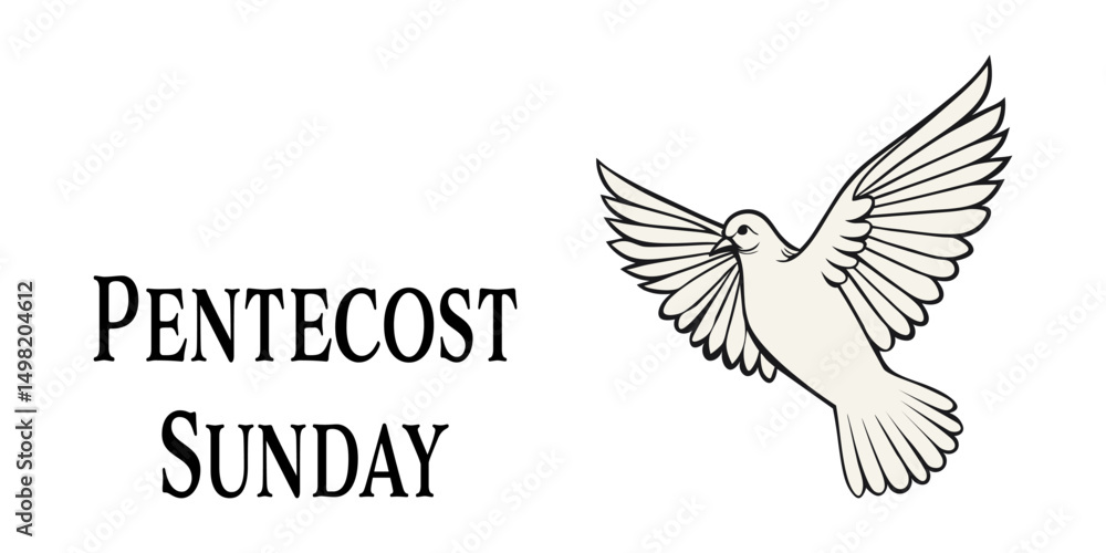 Obraz premium Illustration of a white dove with spread wings symbolizing the Holy Spirit, accompanied by the text Pentecost Sunday. Ideal for church events, religious posters, or Pentecost celebrations