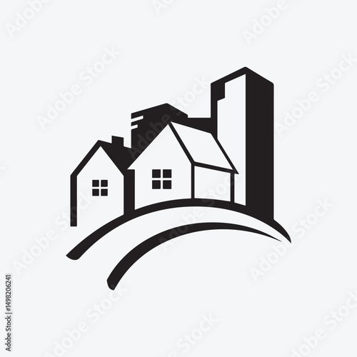 City and Houses on Abstract Wave Logo
