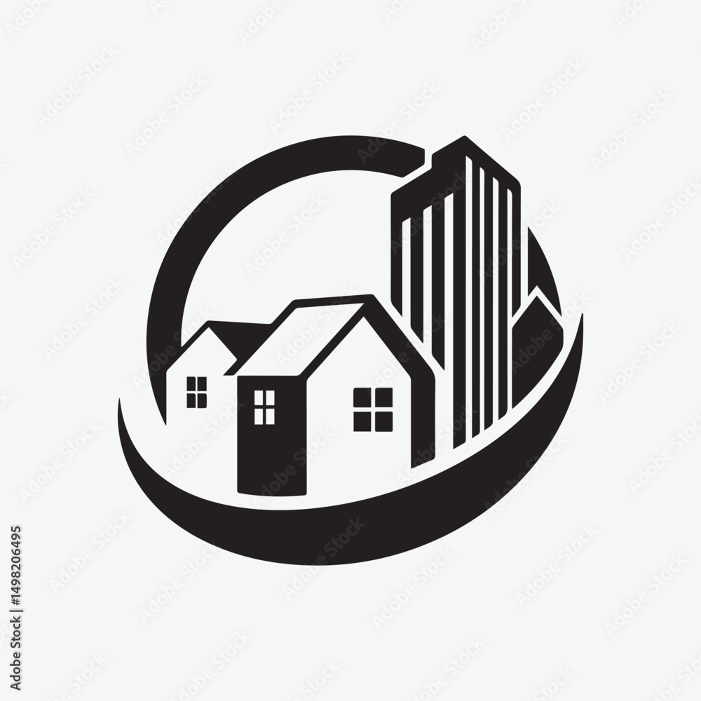 Fototapeta premium City and Houses on Abstract Wave Logo
