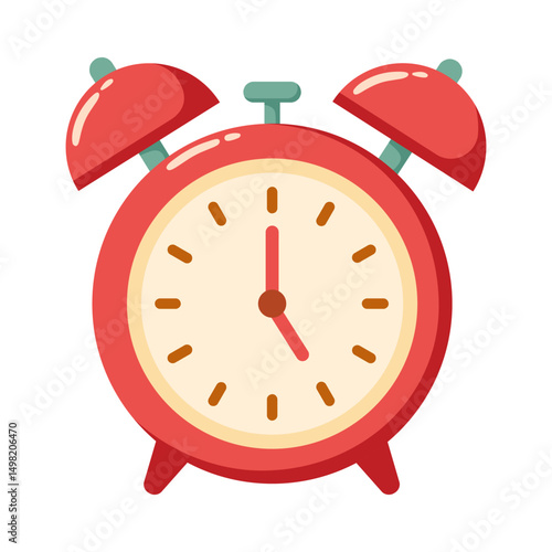 Flat style vector illustration of a classic red alarm clock with bells and clock hands. Minimal, clean design isolated on white background. Cartoon style.