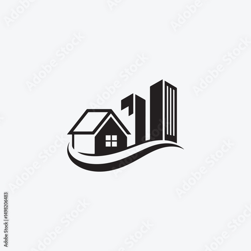 City and Houses on Abstract Wave Logo
