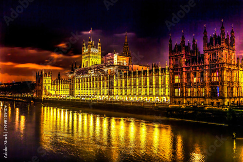 Victoria Tower, Houses of Parliament, Westminster Bridge, London, England. Built in the 1800's, House of Commons and House of Lords.