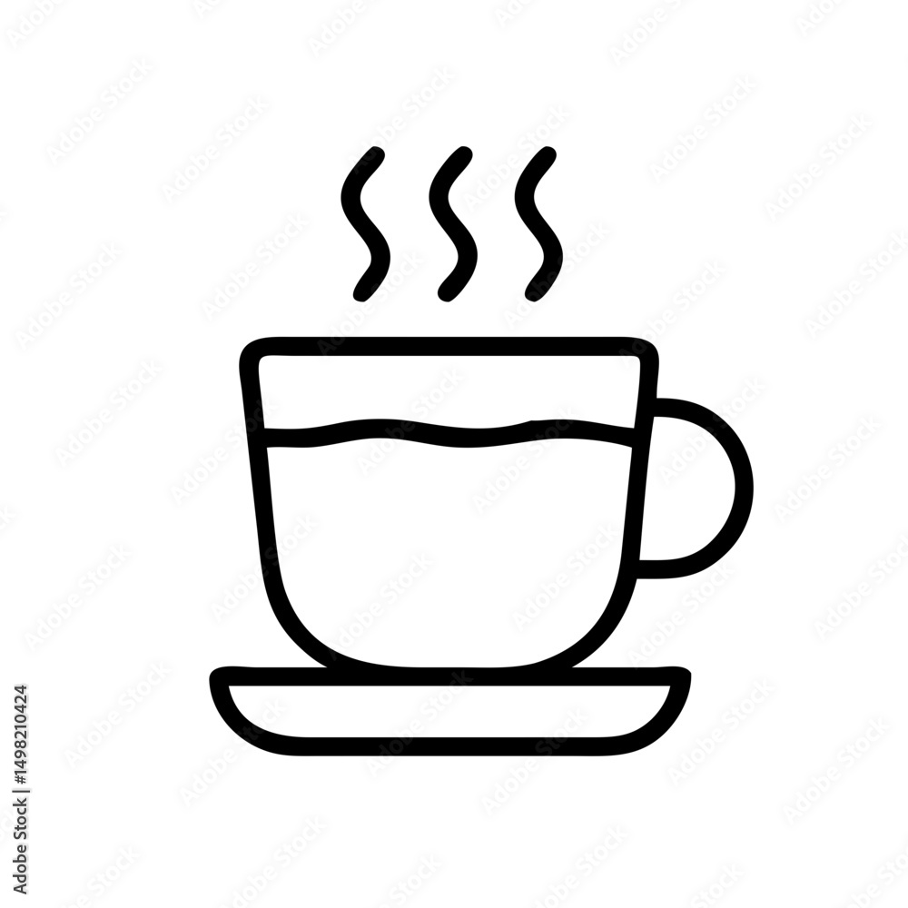 Aromatic beverage in a cup with steam rising above it sitting on a saucer in a simple line drawing Aromatic beverage in a cup with steam rising above it sitting on a saucer in a simple line drawing